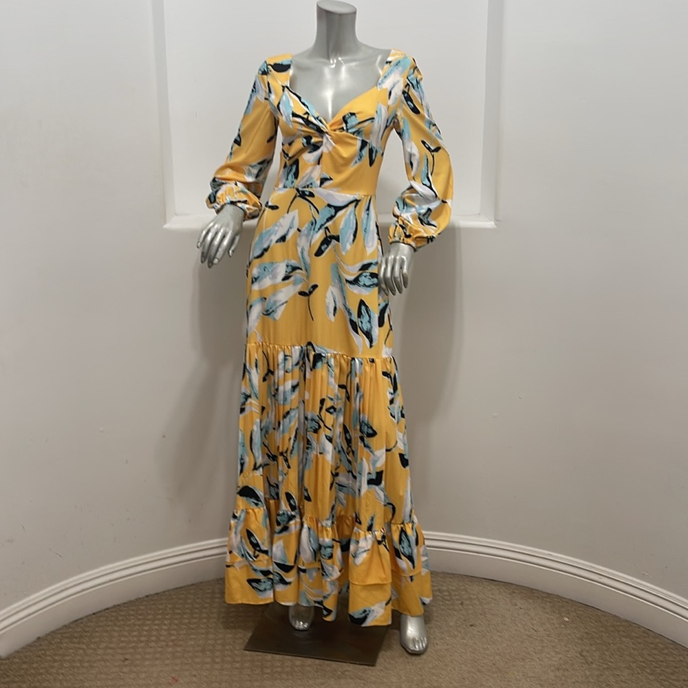 CHICWAYS Women Long Sleeve Tiered Yellow Multi Floral Maxi Dress Size Various - Picture 2 of 15
